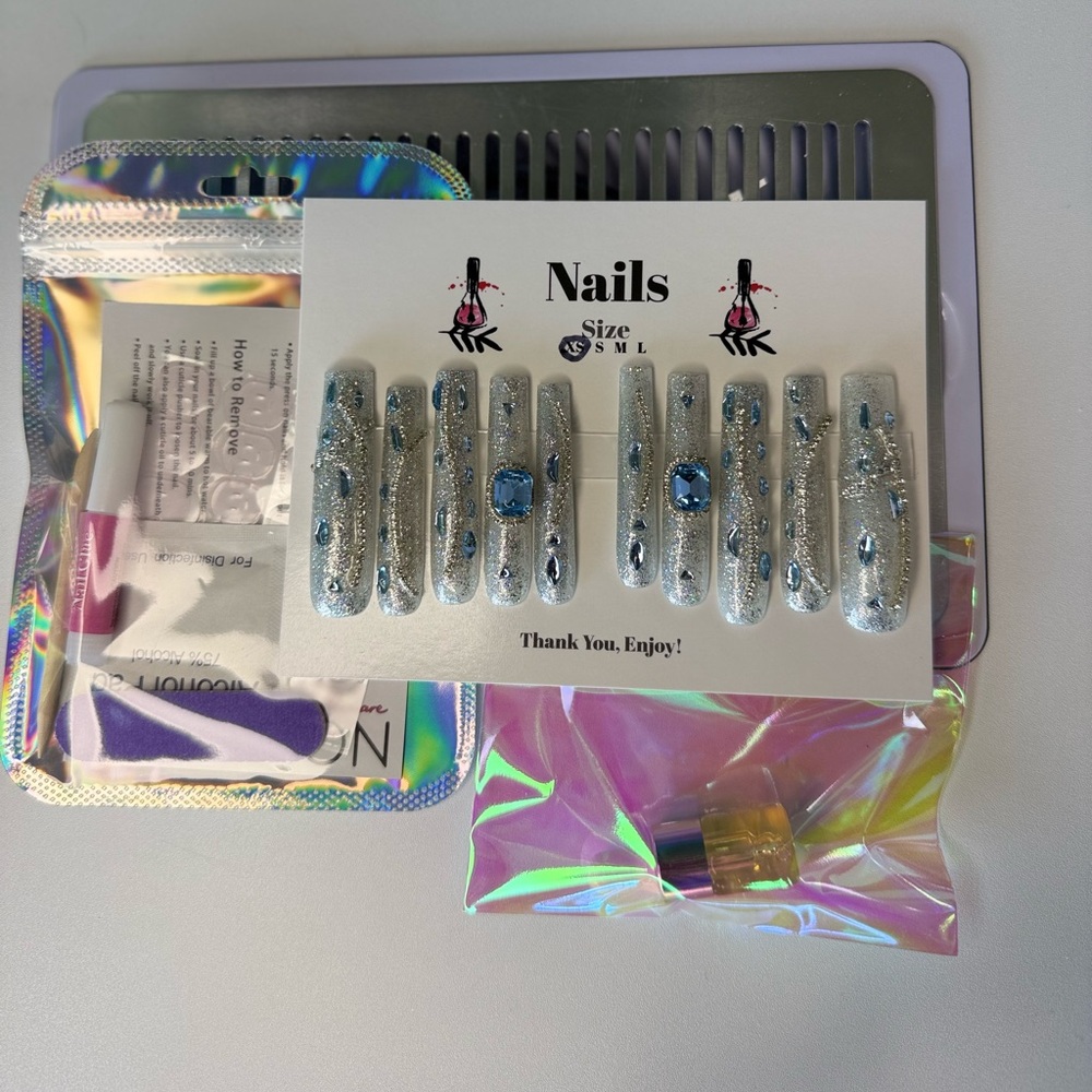 Silver Blue Bling Nails | Custom Press On Nails | High Quality Nails | Handmade